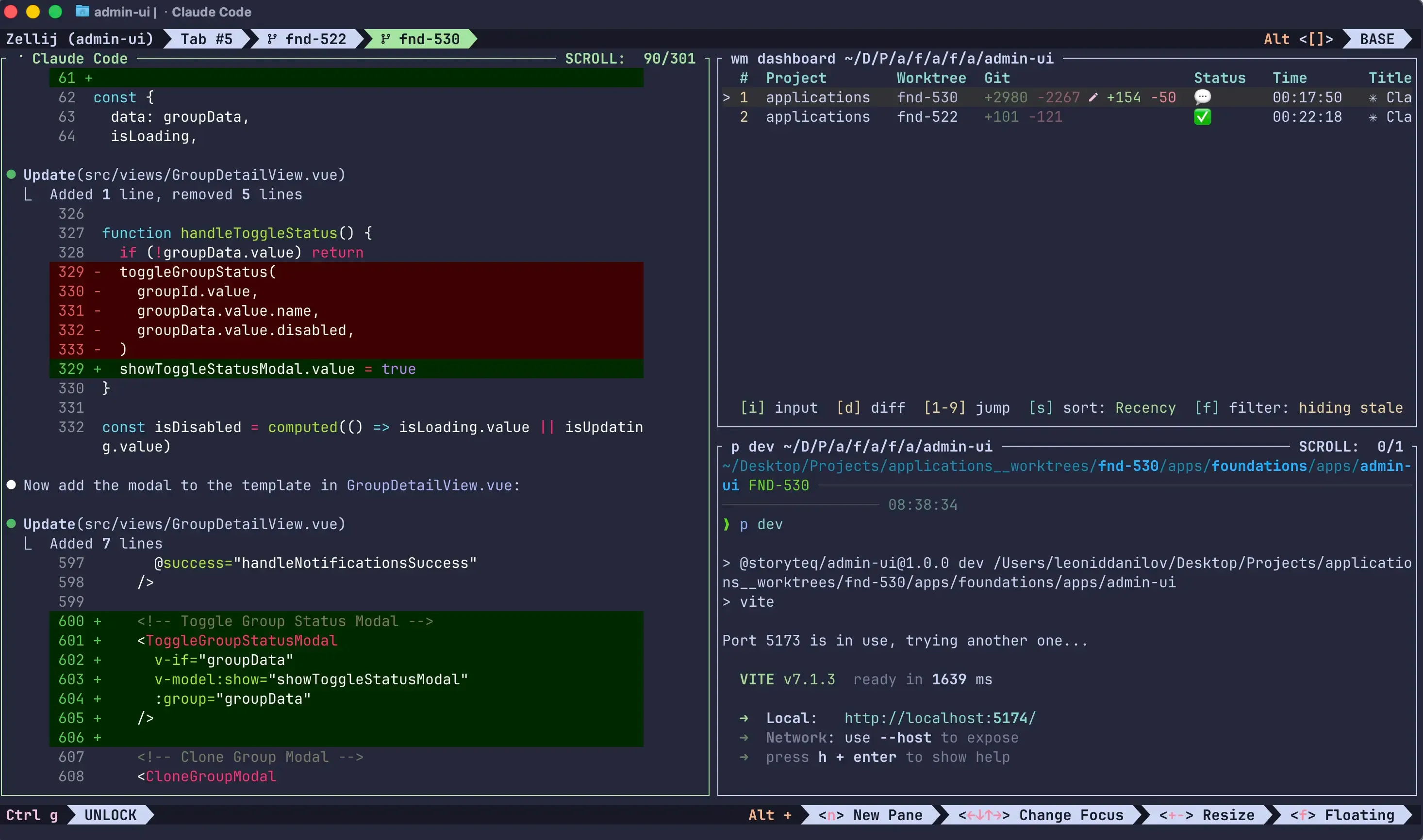 workmux running in zellij with multiple agents