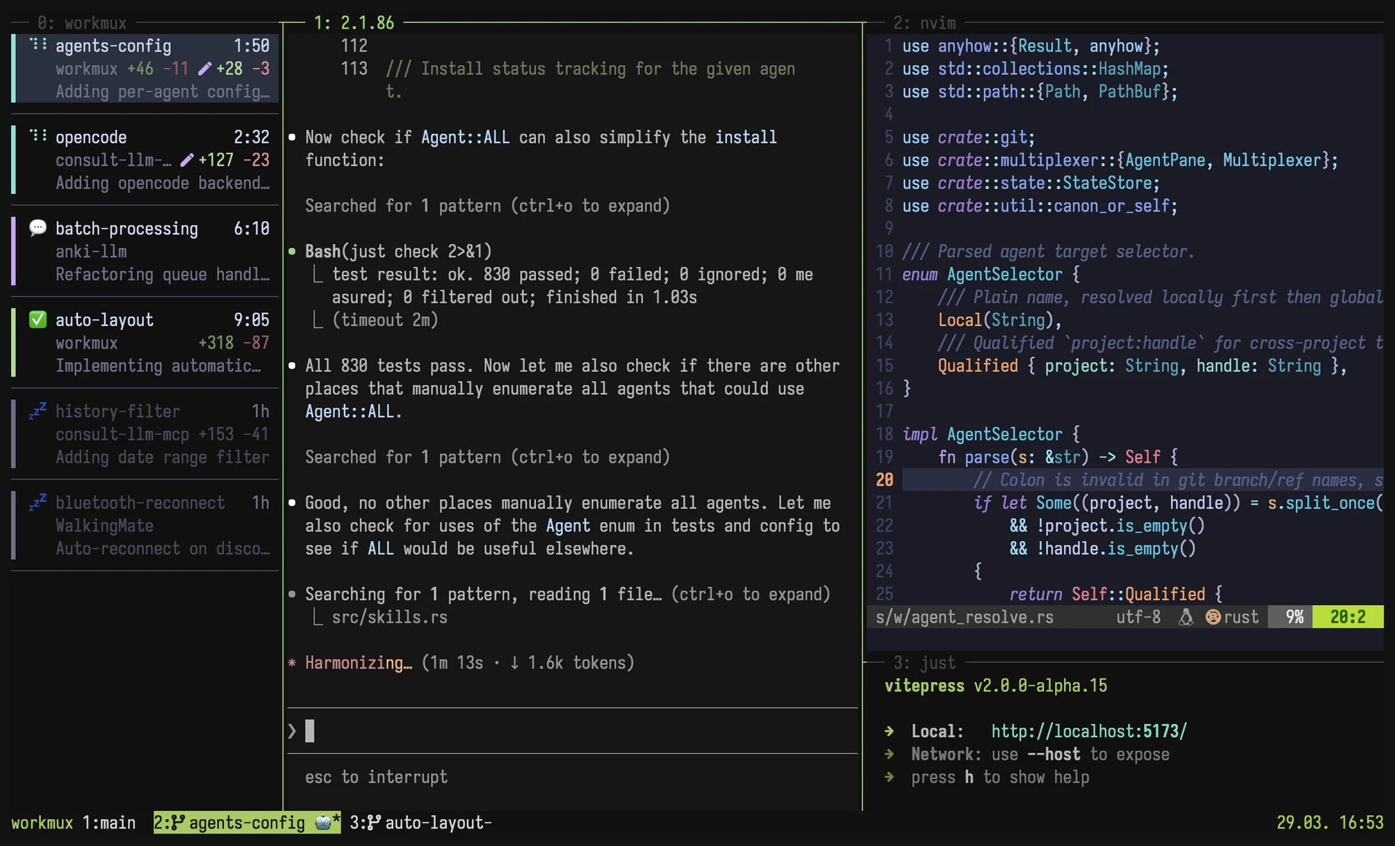 workmux in action: multiple AI agents working in parallel across tmux windows
