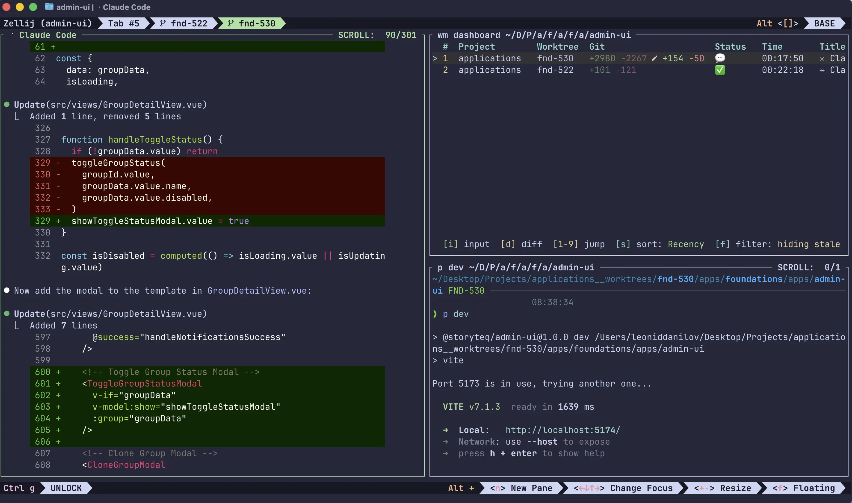 workmux running in zellij with multiple agents